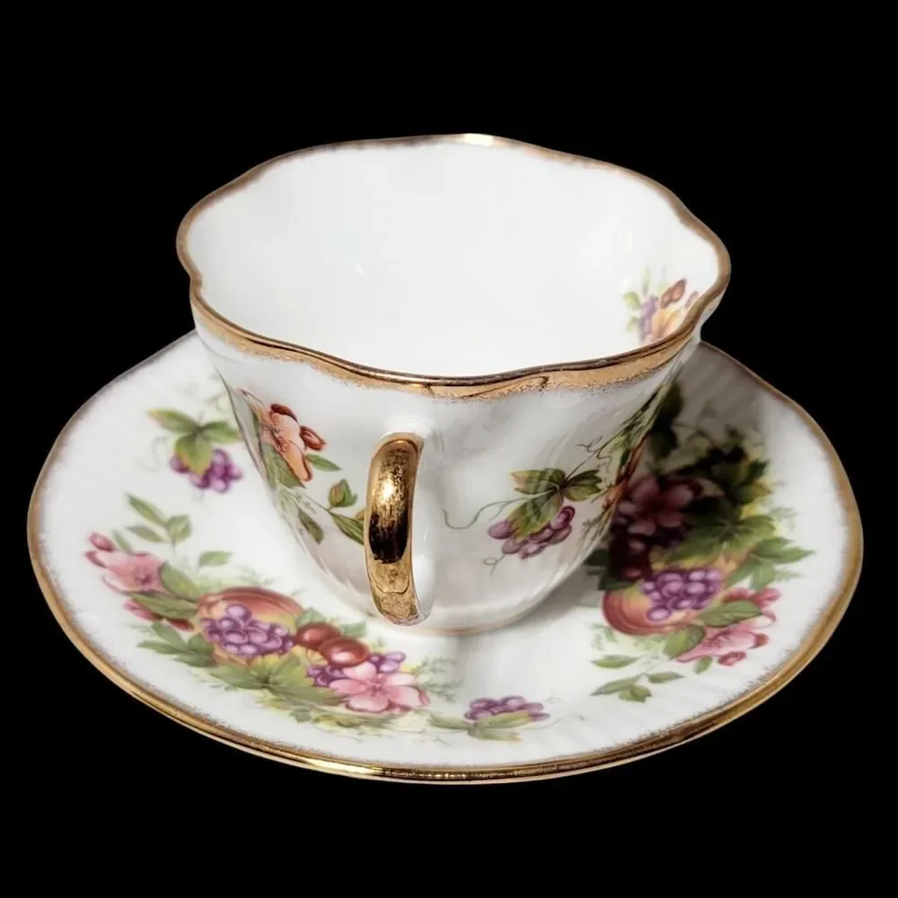 RARE VINTAGE ROYAL MINSTER TEA CUP AND SAUCER FINE BONE CHINA FLOWERS AND FRUITS